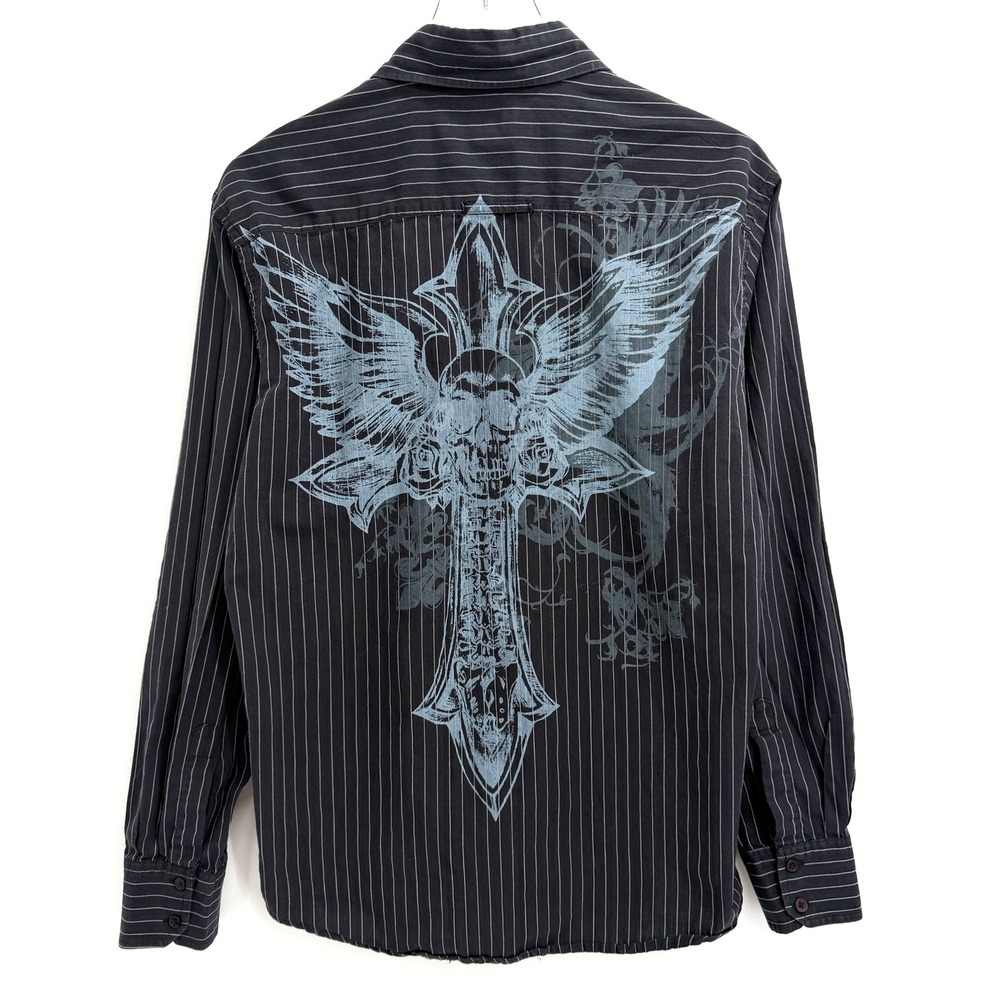 Y2K Pinstripe Winged Skull Cross Graphic Shirt Mens L Black Grunge Cyber Goth